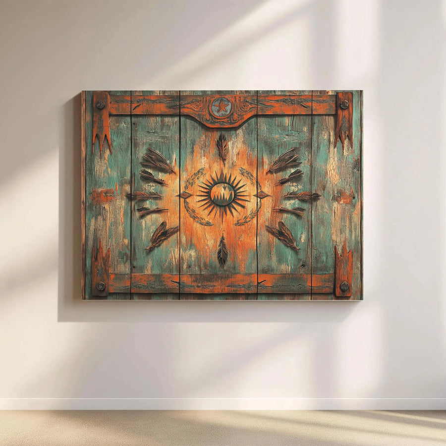 Rustic Southwestern Canvas Art | Distressed Barnwood Look with Sun Medallion | Premium Gallery Wrapped Canvas | Lodge & Ranch Decor Gift