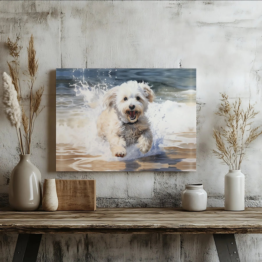 Happy Dog Canvas Print | Watercolor Painting of Dog Running on Beach | Premium Thick Gallery Wrap Art | Coastal Home Decor Gift for Dog Lover