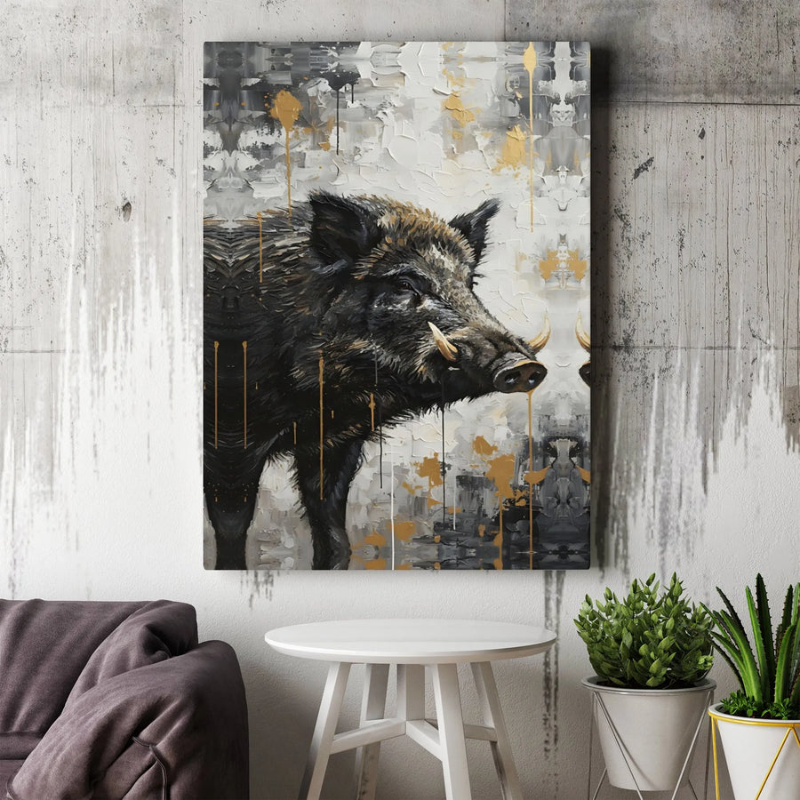 Wild Boar Canvas Wall Art | Abstract Animal Portrait With Gold Splatter | Premium Gallery Wrap Print | Modern Farmhouse Rustic Decor