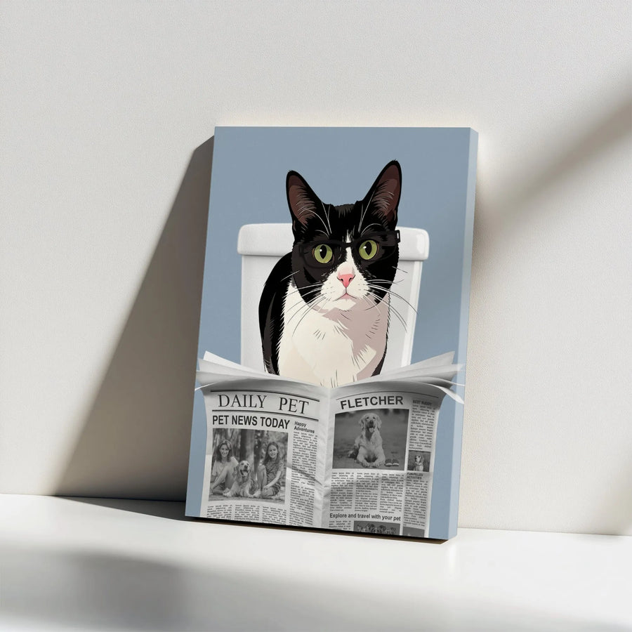 Funny Cat Bathroom Canvas | Tuxedo Cat Reading Newspaper Wall Art | Premium 1.25" Thick Gallery Wrap | Humorous Bathroom Decor Gift for Cat Lover