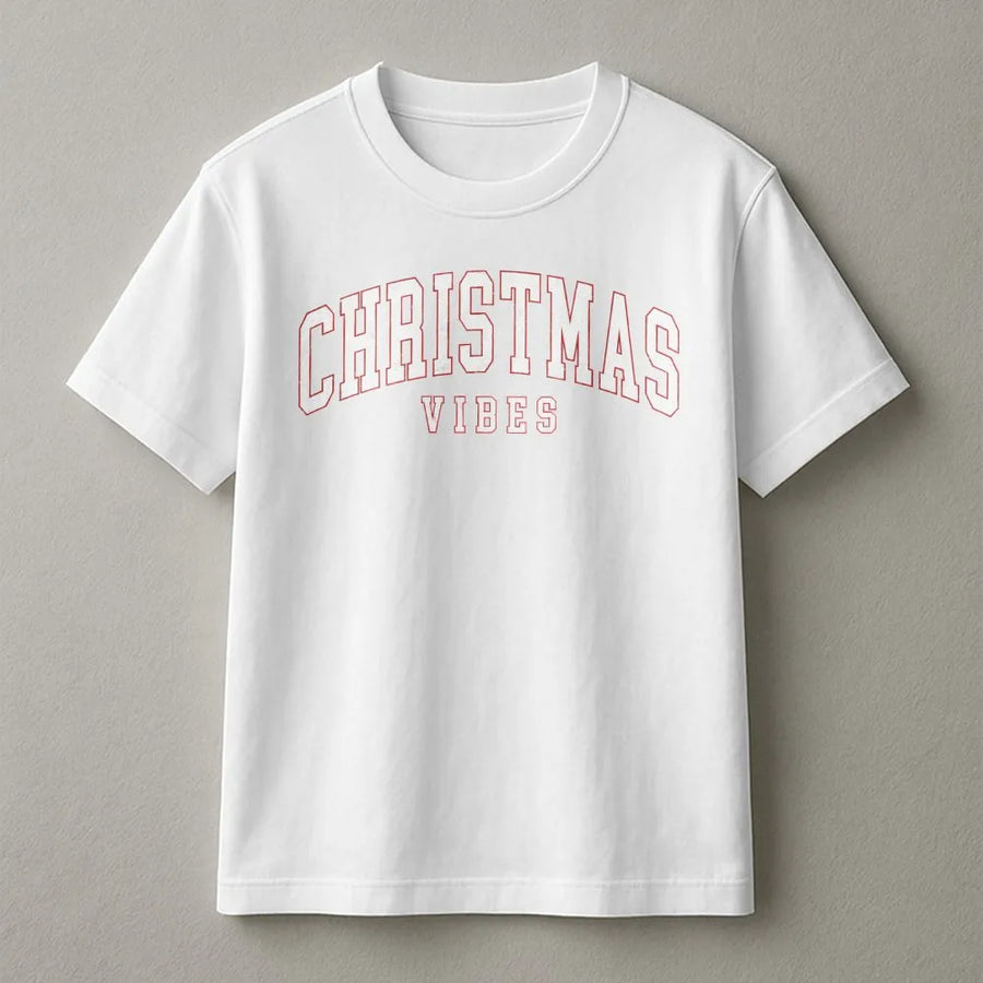 Christmas Vibes T-Shirt | Retro Varsity Lettering Graphic Tee | Premium 100% Cotton Holiday Apparel | Matching Family Christmas Shirt Gift