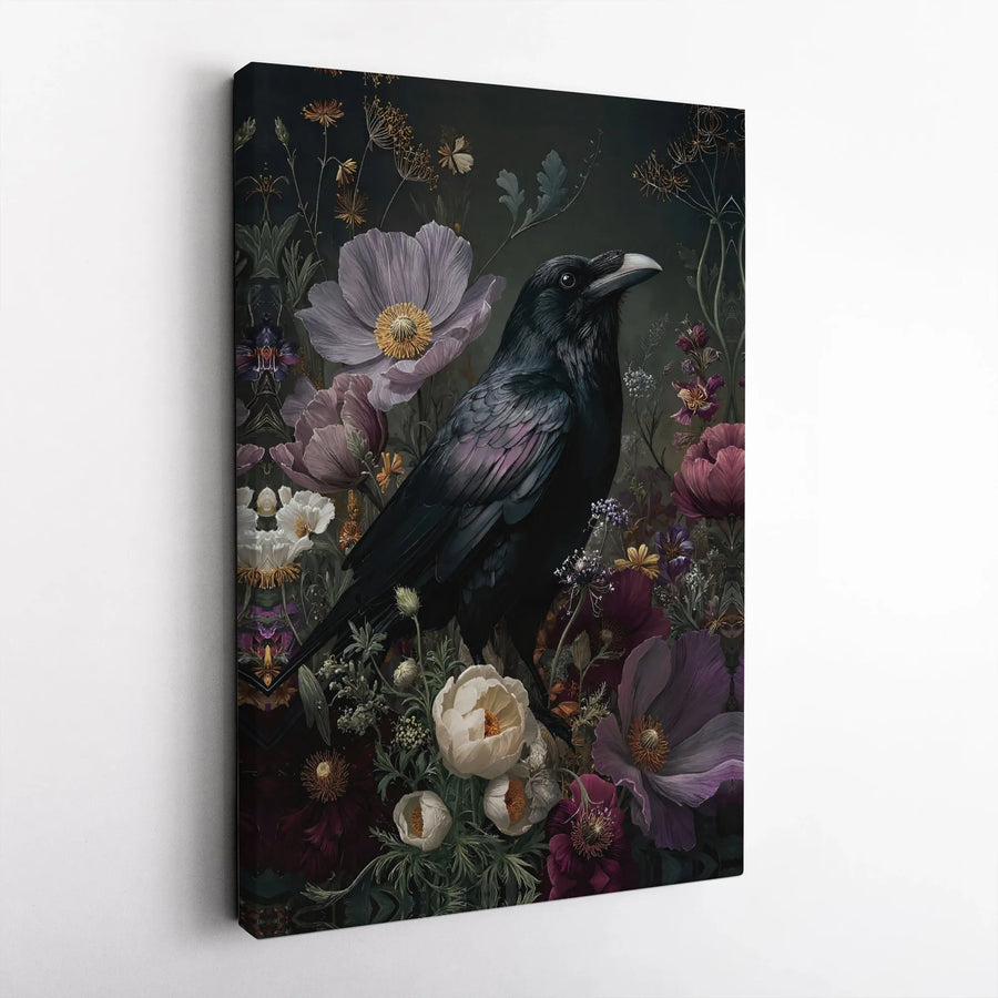 Dark Academia Raven Canvas Wall Art | Moody Floral Botanical Print | Premium Gallery-Wrapped 1.25" Profile | Gothic Home Decor Gift