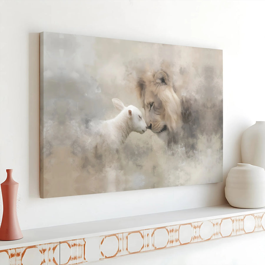 Lion and Lamb Wall Art | Christian Religious Painting | Premium Gallery Wrap Canvas Print | Peace and Faith Home Decor Gift