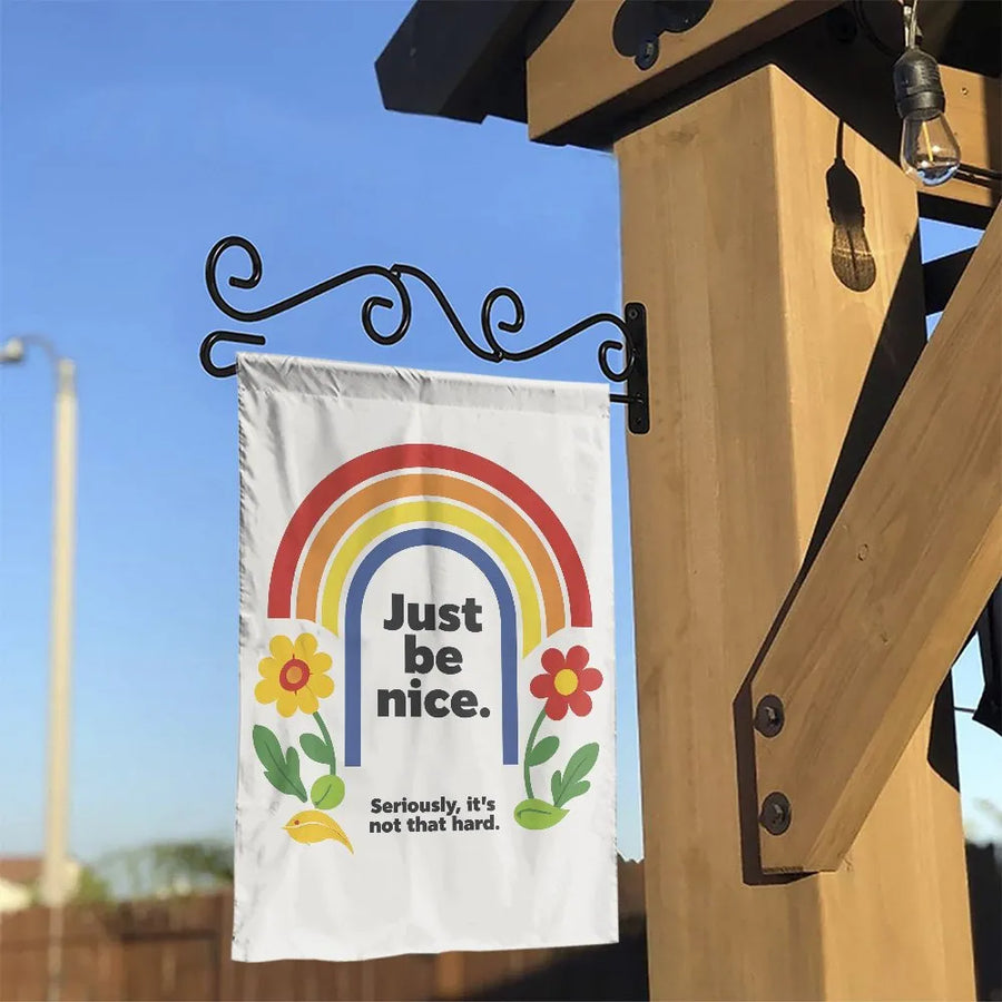 Just Be Nice Garden Flag | Retro 70s Floral Rainbow Design | Double Sided Weather Resistant Fabric | Positive Message Outdoor Decor Gift