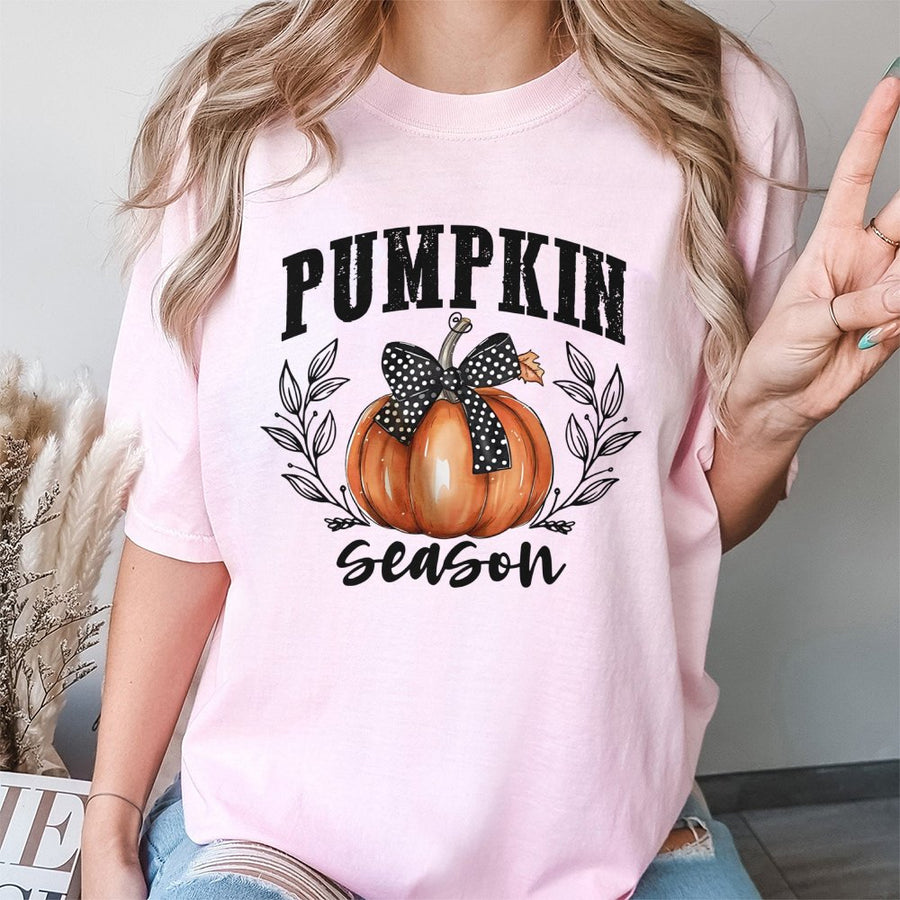 Pumpkin Season T-Shirt | Cute Coquette Bow Fall Graphic | Soft 100% Cotton Premium Tee | Autumn Harvest Thanksgiving Gift for Women