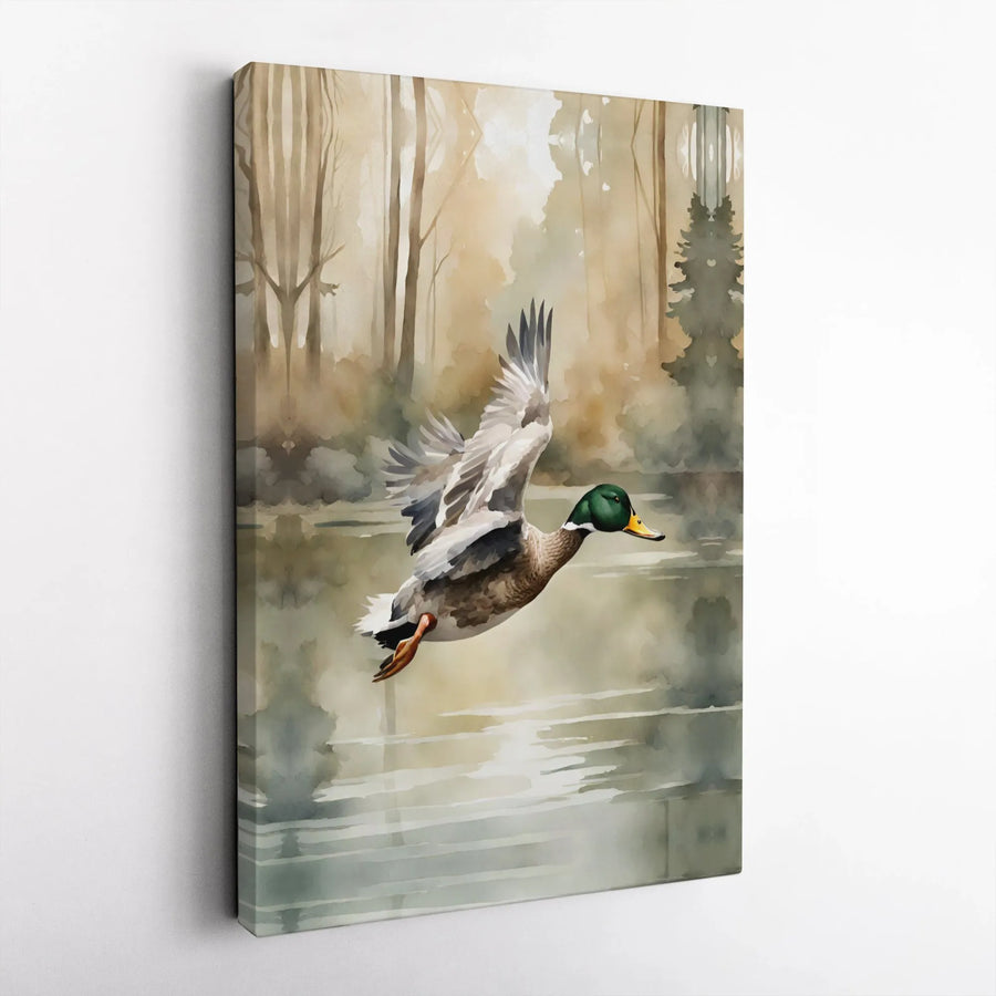 Mallard Duck Canvas Wall Art | Watercolor Misty Pond Landscape | Premium Gallery Wrapped Print | Wildlife Nature Gift for Home Decor