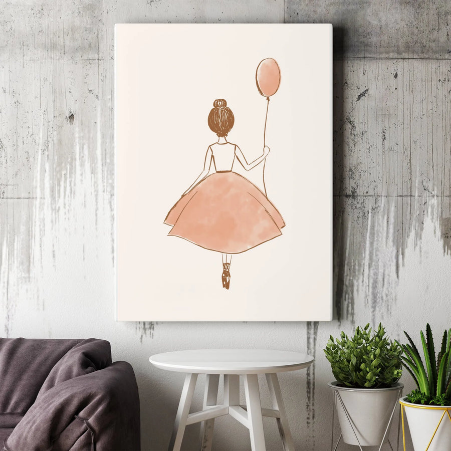 Ballerina Vertical Canvas | Minimalist Dancer with Balloon Sketch | Premium Thick Gallery Wrap Art | Girls Nursery Decor Gift
