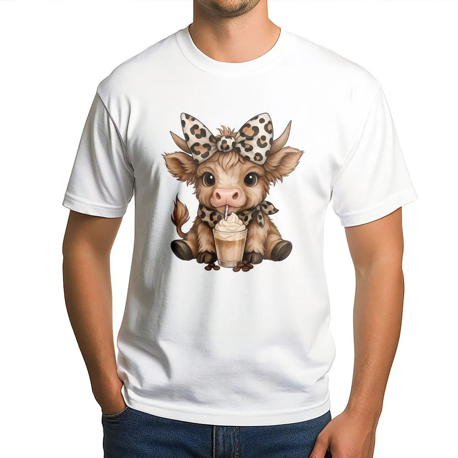 Highland Cow Coffee T-Shirt | Cute Leopard Print Bow Graphic | 100% Cotton Premium Tee | Animal Lover Gift For Women And Men