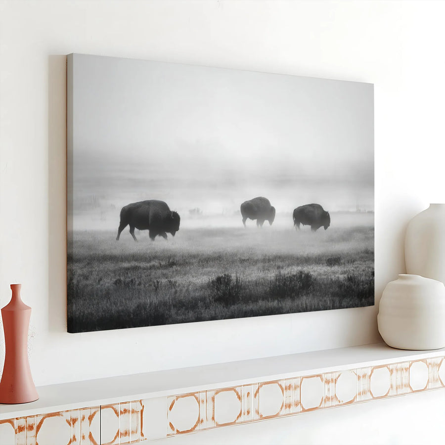 Bison Wildlife Wall Art | Foggy Morning Landscape Canvas Print | Premium Gallery Wrap Wooden Frame | Western Home Decor Gift