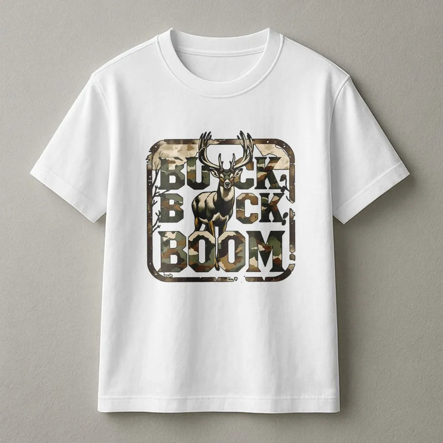 Buck Buck Boom Hunting T-Shirt | Camo Deer Graphic Design | Premium 100% Cotton Tee | Gift for Deer Hunters and Outdoorsmen