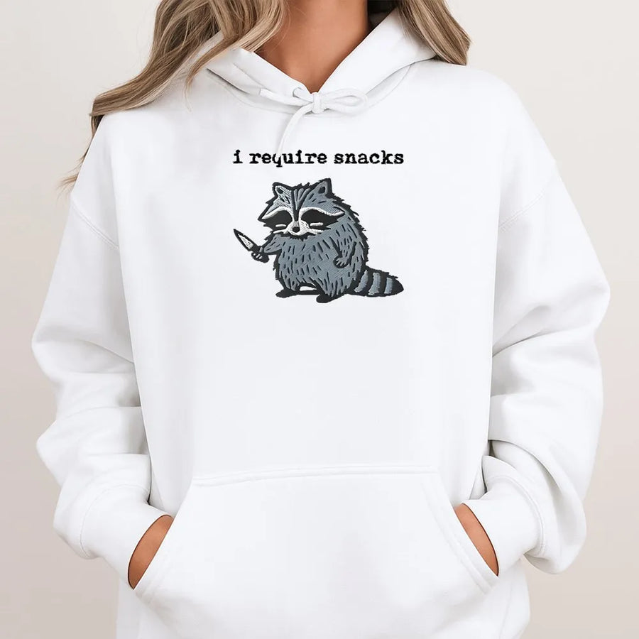 I Require Snacks Raccoon Hoodie | Funny Trash Panda Graphic | Premium Cotton Blend | Gift for Animal Lovers and Snack Enthusiasts