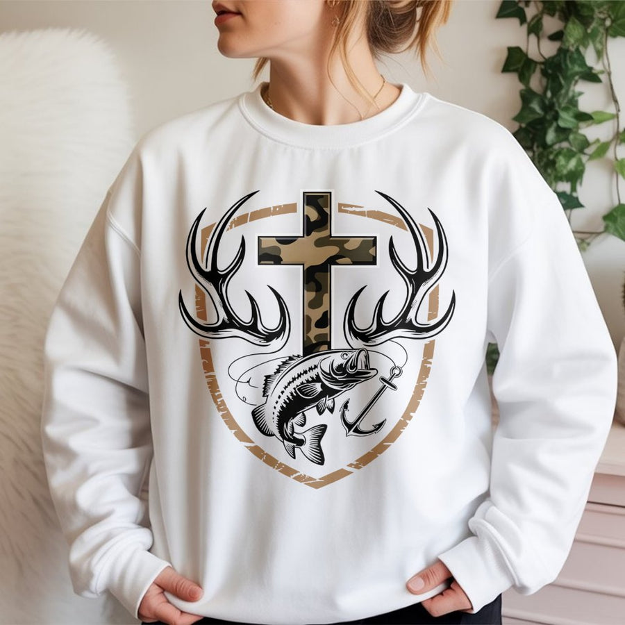 Faith Hunting Sweatshirt | Camo Cross Antlers & Bass Fish Graphic | Premium Cotton Blend | Christian Outdoorsman Gift for Men and Women