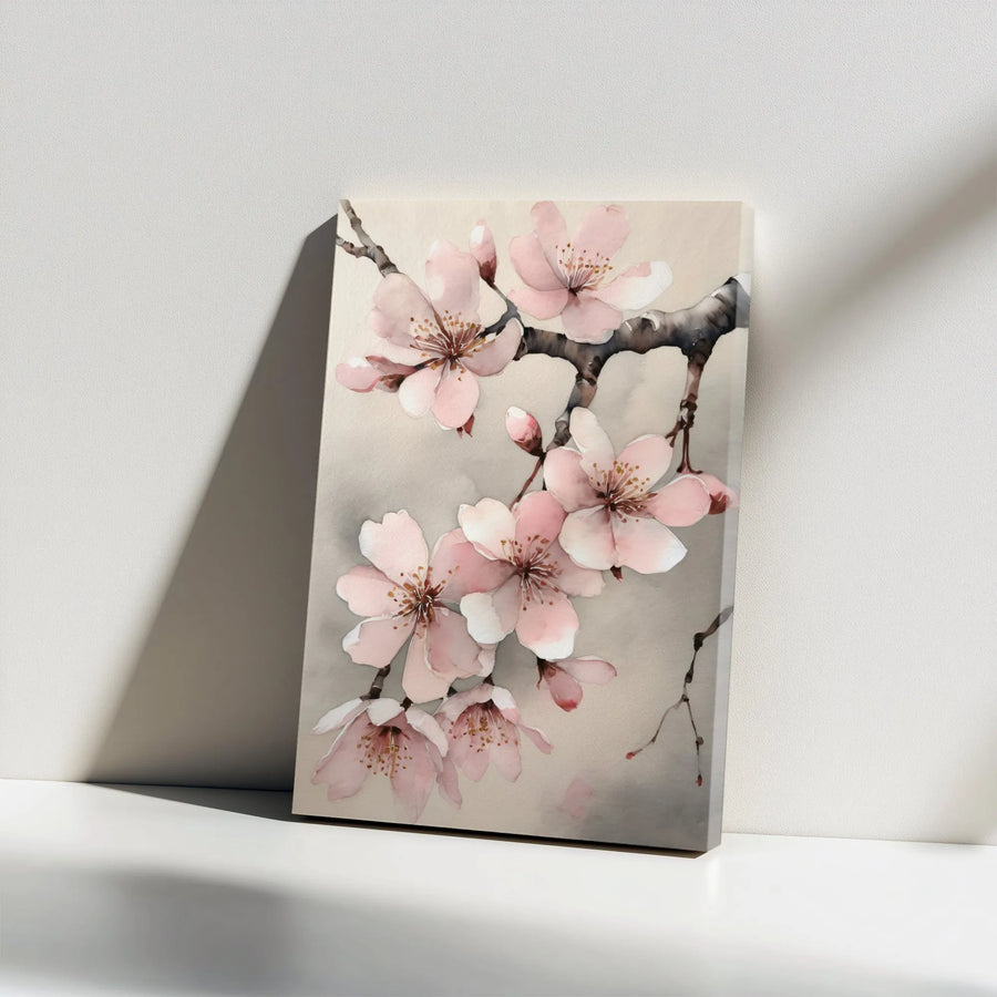 Cherry Blossom Vertical Canvas Print | Watercolor Sakura Branch Art | Premium Gallery Wrapped Canvas | Zen Home Decor Gift for Living Room