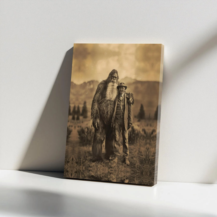 Bigfoot Wall Art Canvas | Vintage Sepia Photograph Portrait | Gallery Wrap Premium Print | Unique Gift for Cryptozoology Fans and Outdoorsmen