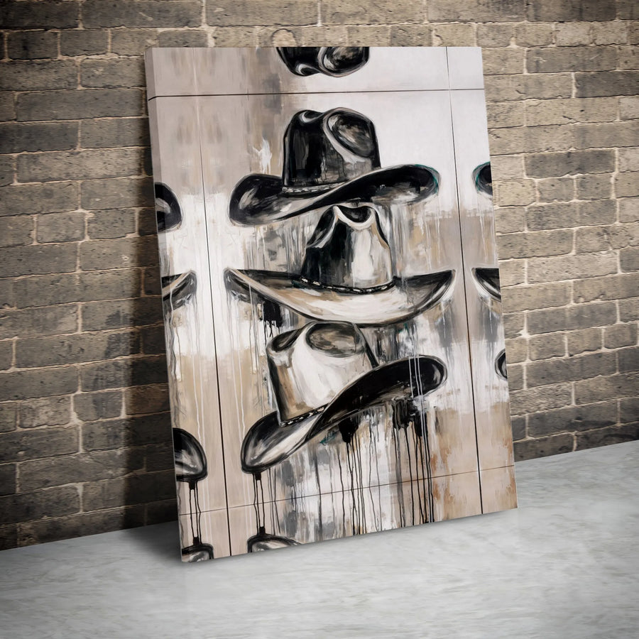 Stacked Cowboy Hat Wall Art | Abstract Western Drip Painting | Premium Gallery Wrap Canvas | Rustic Home Decor Gift for Cowgirl