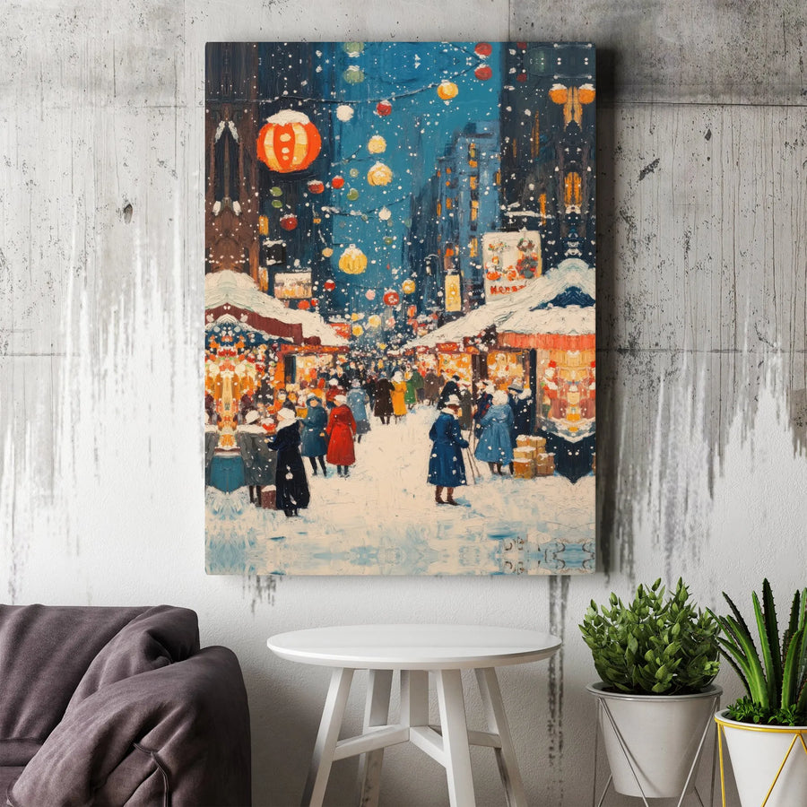 Snowy Christmas Market Canvas Art | Impressionist Winter Village Night Scene | Gallery Wrapped Premium Print | Cozy Holiday Home Decor Gift