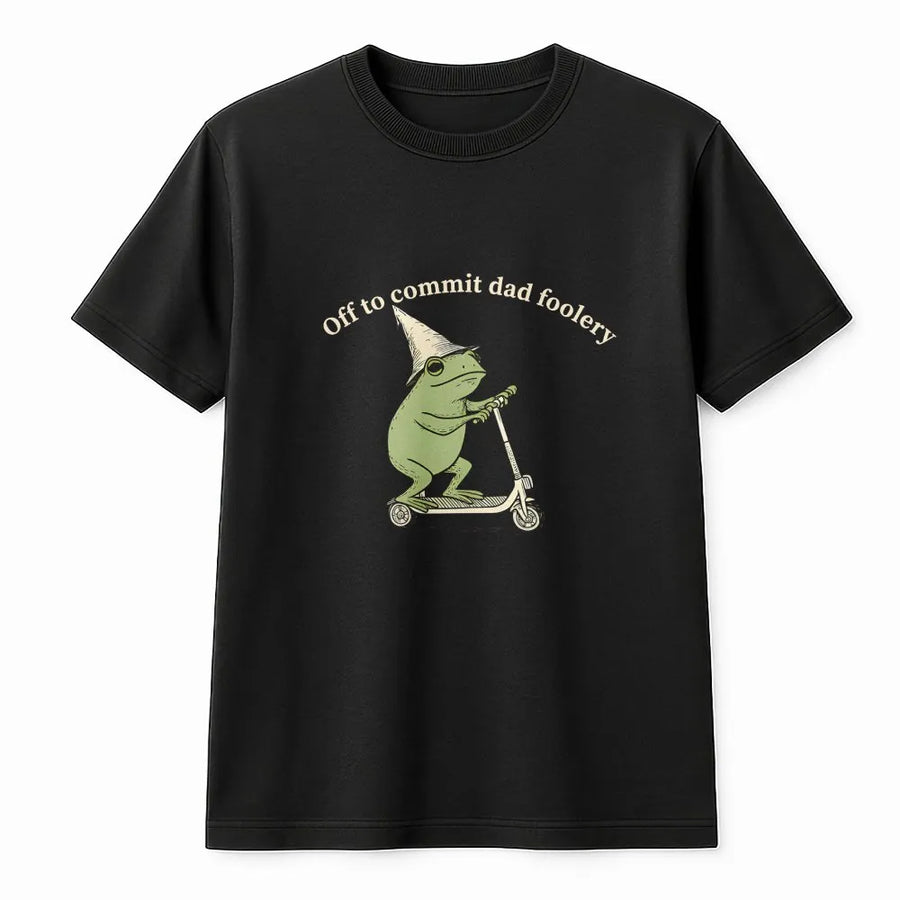 Dad Foolery T-Shirt | Funny Frog on Scooter Graphic Crewneck | Soft Cotton Blend | Humorous Gift For Dad, Fathers Day