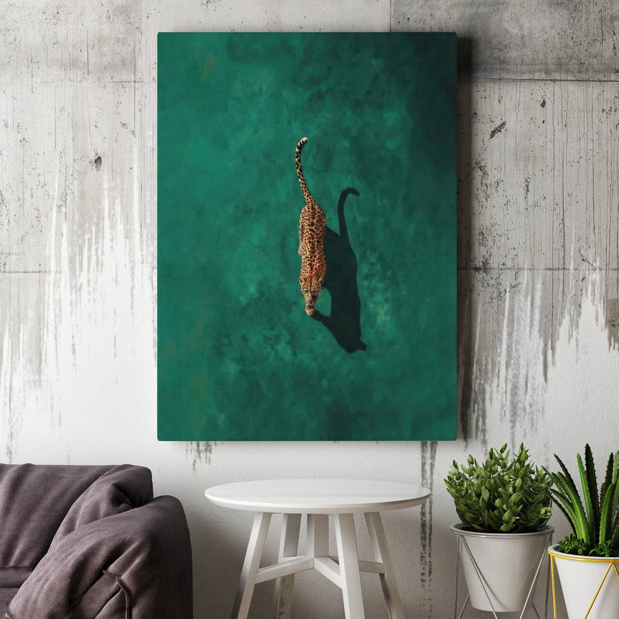 Leopard Canvas Wall Art | Aerial View Stalking Big Cat on Emerald Green | Premium Canvas Print | Modern Wildlife Home Decor Gift