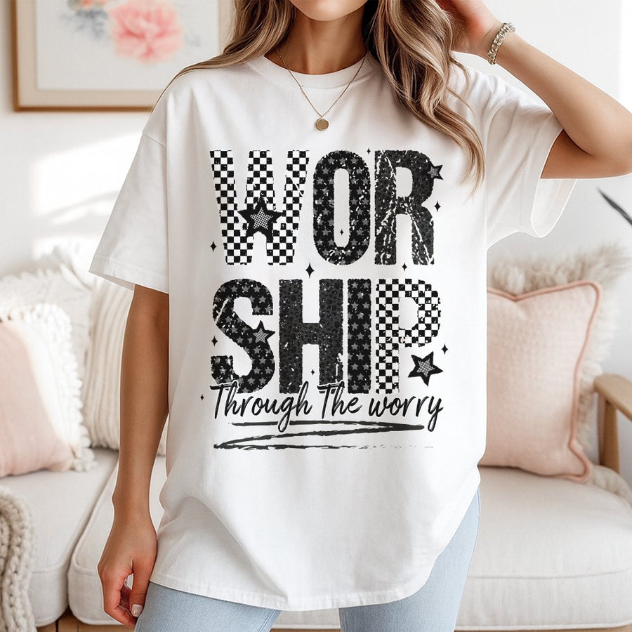 Worship Through The Worry T-Shirt | Distressed Checkered Christian Aesthetic | 100% Cotton Premium Tee | Faith-Based Religious Gift for Women and Men