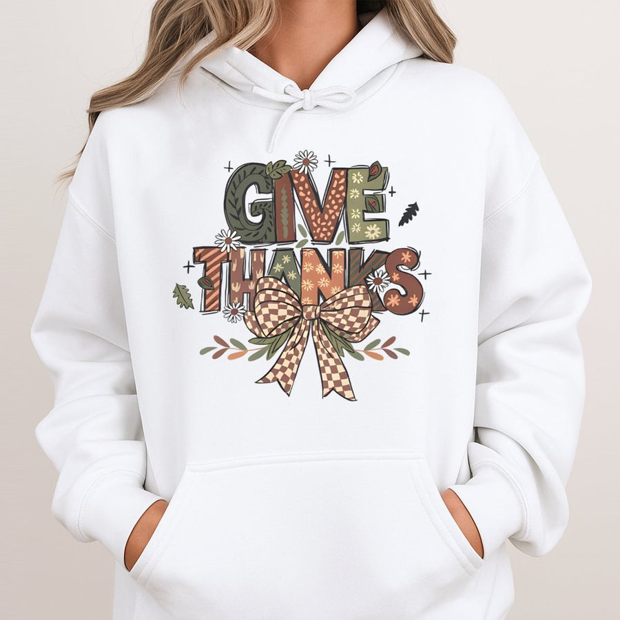 Give Thanks Hoodie | Retro Fall Bow Graphic Sweatshirt | Premium Cotton Blend | Cozy Thanksgiving Gift For Her