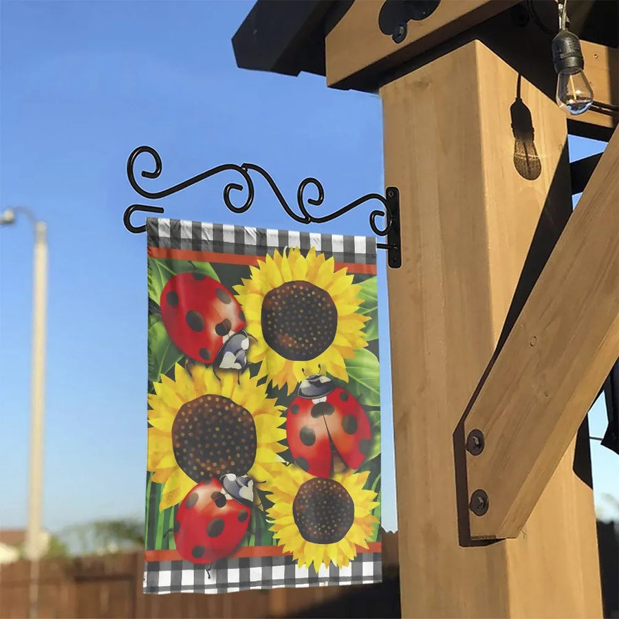 Sunflower and Ladybug Garden Flag | Double-Sided Buffalo Plaid Border | Weather-Resistant Polyester | Summer Welcome Yard Decor Gift