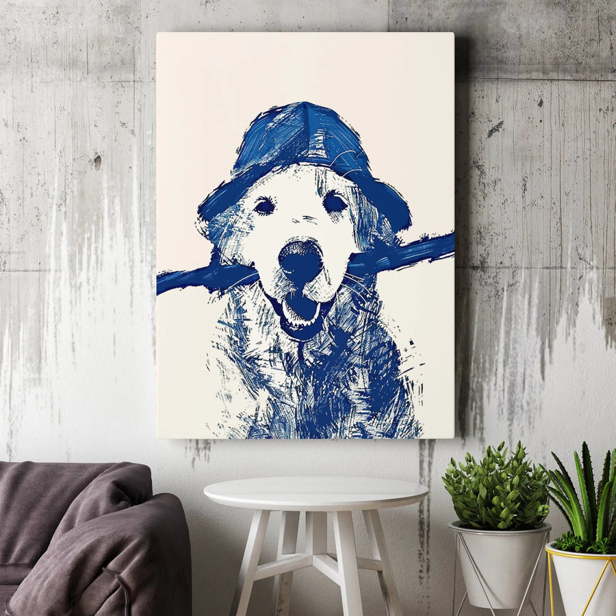 Golden Retriever Canvas Wall Art | Abstract Blue Dog In Rain Hat Print | Premium Gallery Wrap Decor | Dog Lover Gift For Home Office
