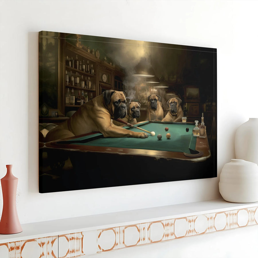 Dogs Playing Pool Canvas Wall Art | Funny Bullmastiff Billiards Painting | Premium Canvas Print | Gift for Him, Man Cave Bar Decor