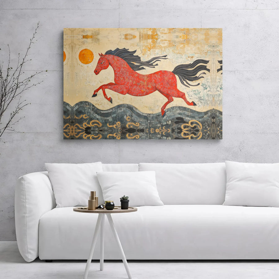 Red Running Horse Canvas Wall Art | Folklore Inspired Equestrian Decor | Premium Gallery Wrap Print | Southwestern Home Decor Gift