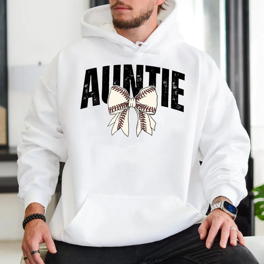 Baseball Auntie Hoodie | Distressed Baseball Seam Bow Graphic | Premium Comfort Colors Cotton | Game Day Apparel Gift for Aunt