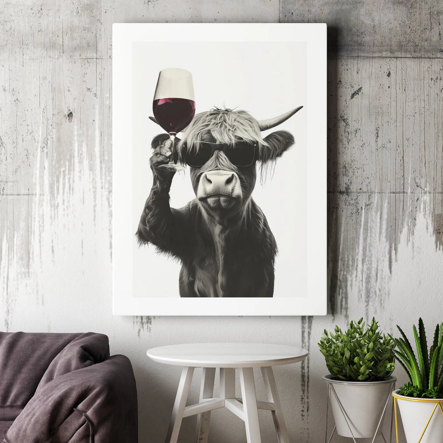 Highland Cow Canvas Wall Art | Funny Sunglasses Red Wine Print | Gallery Wrapped Premium Decor | Gift for Wine Lovers & Farmhouse Kitchen