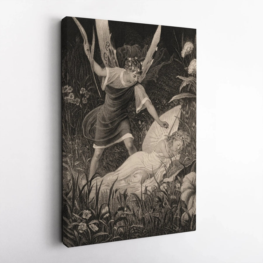 Vintage Fairy Vertical Canvas Print | Mythical Garden Engraving Style Art | Premium Gallery Wrapped Canvas | Dark Academia Home Decor Gift for Fantasy Lover