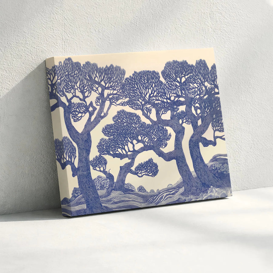 Blue Tree Landscape Canvas Art | Modern Woodblock Style Forest Print | Premium Fade-Resistant Gallery Wrap | Minimalist Nature Decor for Living Room