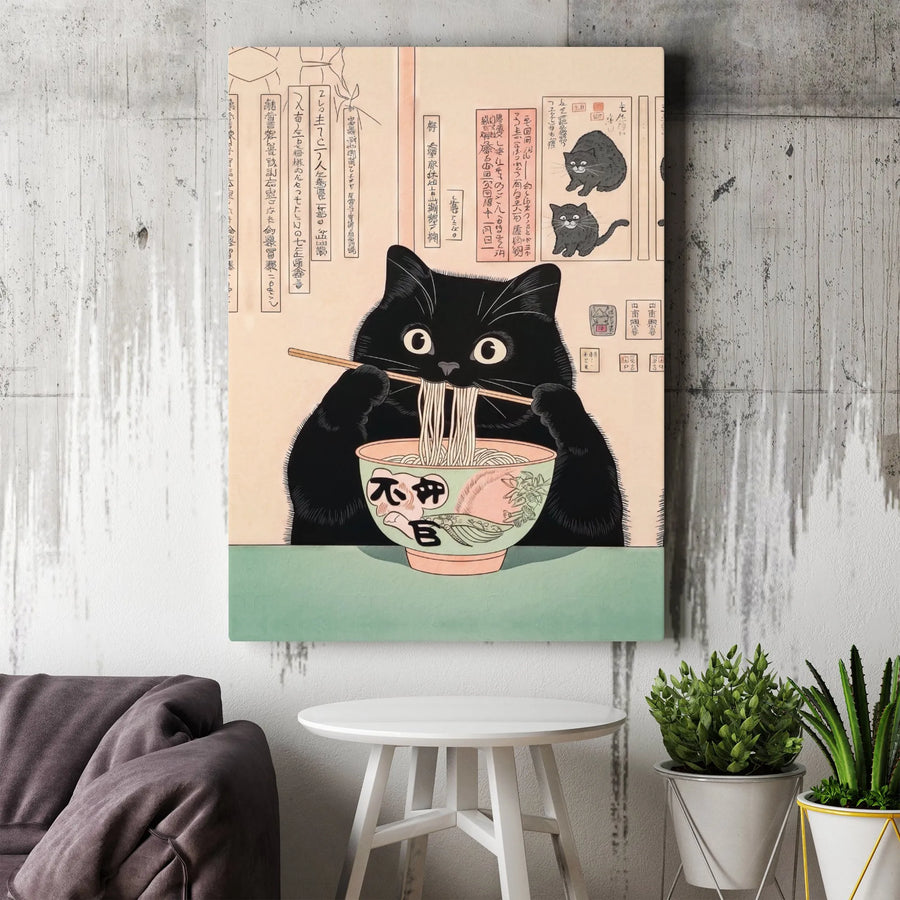 Black Cat Ramen Wall Art | Japanese Ukiyo-E Inspired Print | Premium 1.25" Gallery Wrap Canvas | Unique Gift for Cat Lovers & Ramen Fans