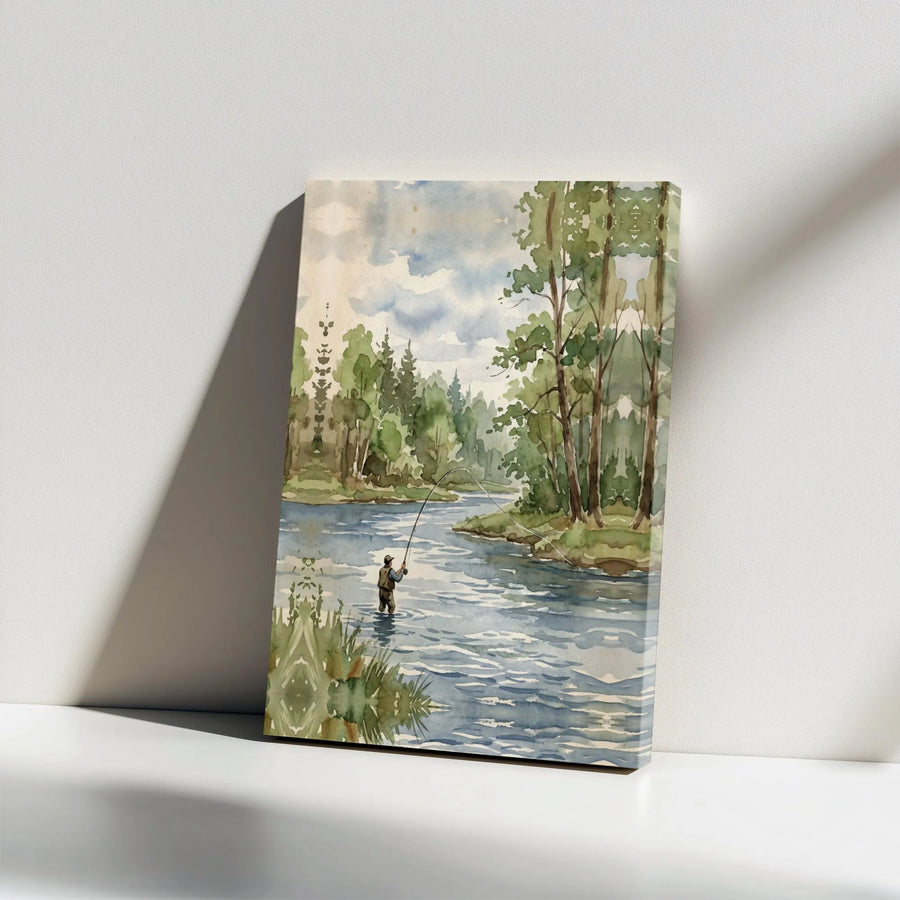 Fly Fishing Canvas Wall Art | Watercolor River Landscape Print | Premium Framed Canvas | Gift for Angler Dad, Cabin Decor