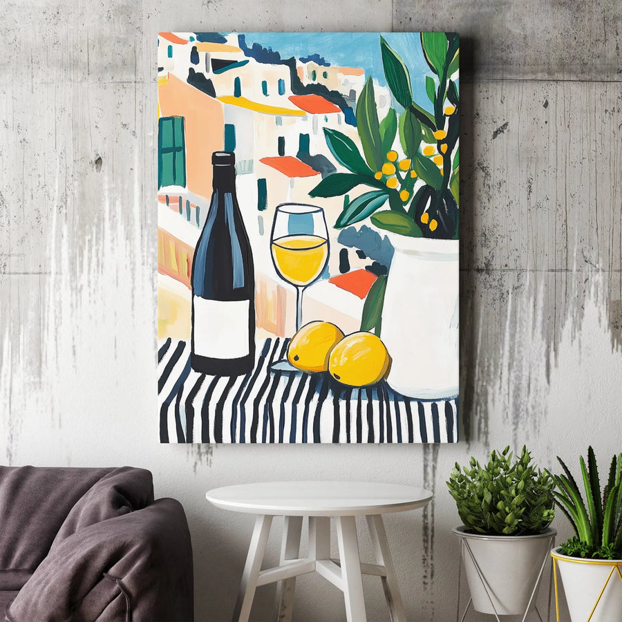 Mediterranean Still Life Canvas Art | Amalfi Coast Wine and Lemon Print | Gallery Wrap Premium Wall Decor | Kitchen and Dining Room Gift