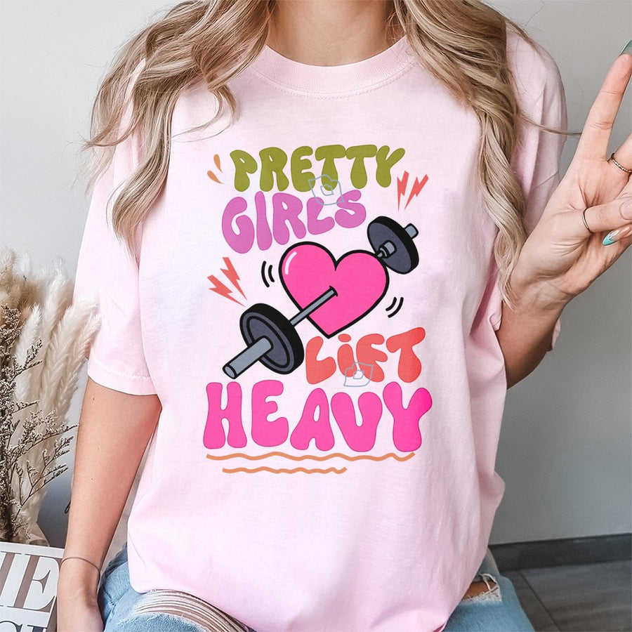 Pretty Girls Lift Heavy T-Shirt | Retro Gym Graphic Design | 100% Cotton Premium Tee | Fitness Gift for Weightlifter Women
