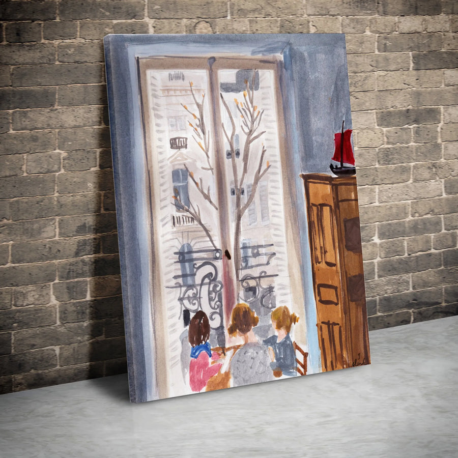 Parisian Window Scene Canvas Print | Watercolor Painting of Three Girls | Thick Gallery Wrap Canvas | French Inspired Home Decor Gift