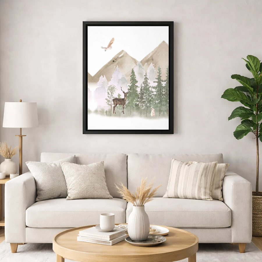 Watercolor Woodland Animals Canvas | Deer Rabbit Owl Mountain Forest Art | Premium Gallery-Wrapped Decor | Nursery & Home Wall Gift