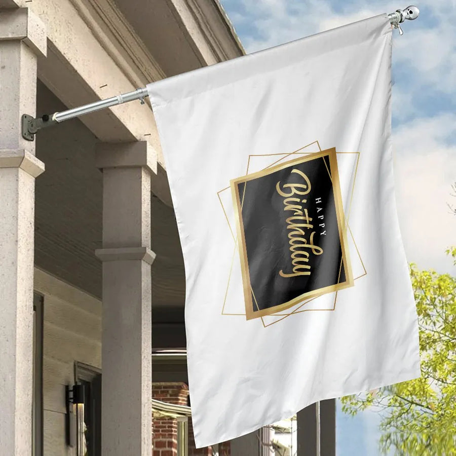 Black and Gold Birthday Flag | Gold Glitter Confetti Design | Double Sided Polyester Banner | Outdoor Happy Birthday Party Decoration & Welcome Gift