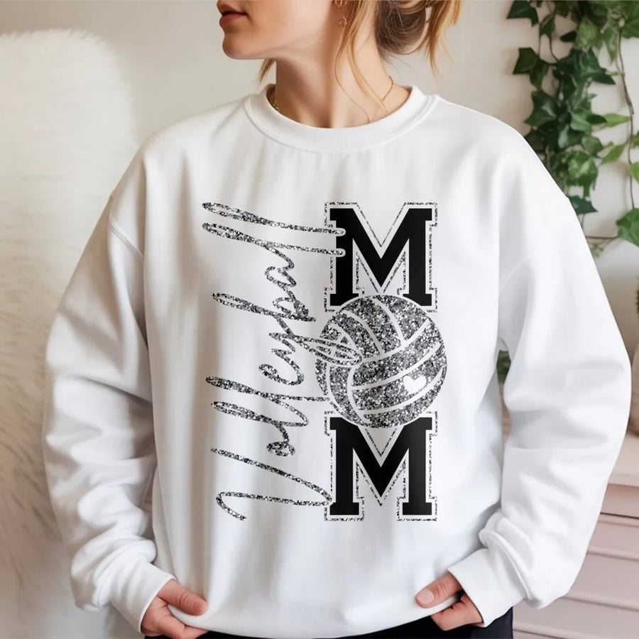 Volleyball Mom Sweatshirt | Glitter Silver Faux Sequins Design | Premium Soft Cotton Blend | Athletic Team Spirit Gift for Volleyball Players