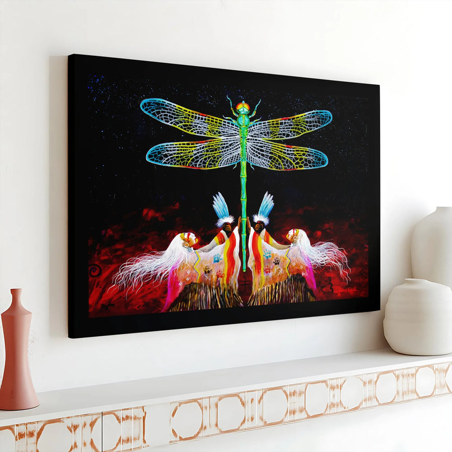 Spiritual Dragonfly Canvas Print | Vibrant Indigenous Ceremony Art | Premium Gallery Wrapped Wall Art | Collector's Gift for Meditation Room Decor