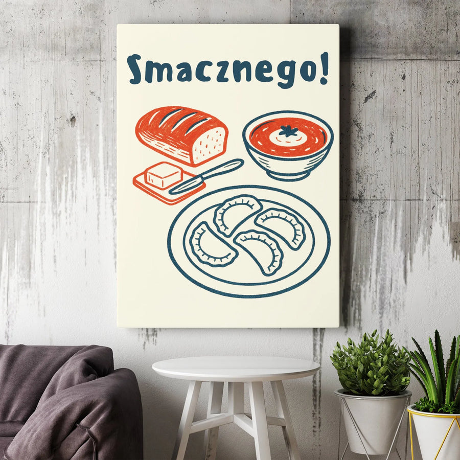 Smacznego Polish Food Wall Art | Pierogi Pierogi Soup Bread Illustration | Premium Gallery Wrapped Canvas | Kitchen Decor Gift For Polish Heritage