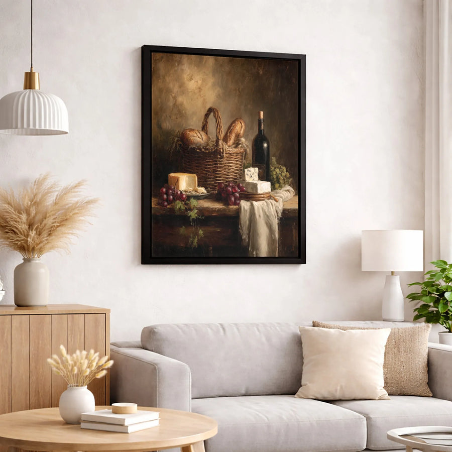 Still Life Wine and Cheese Canvas Wall Art | Rustic French Kitchen Decor | Premium Gallery Wrap Print | Housewarming Gift for Wine Lovers