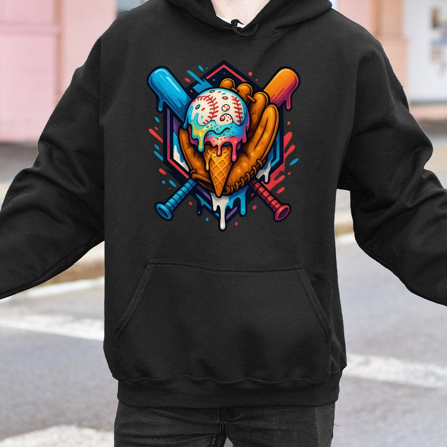 Baseball Drip Hoodie | Melting Ice Cream Baseball Glove Design | Premium Cotton-Poly Blend | Sporty Gift for Baseball Players and Fans