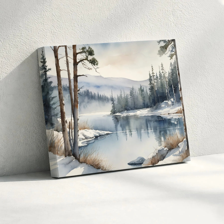 Winter Lake Landscape Canvas | Watercolor Forest Snowy Art Print | Premium 1.25" Gallery Wrap Wall Decor | Nature Lover Gift