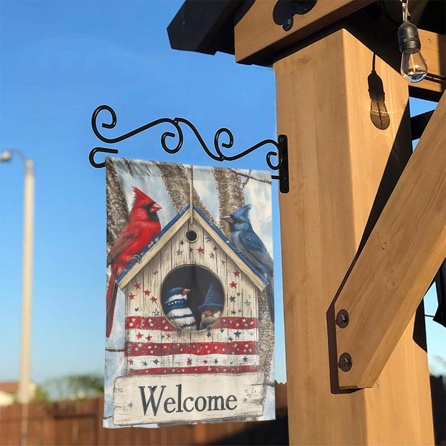 Patriotic Birdhouse Garden Flag | Welcome Yard Decor with Red Cardinal & Blue Bird | Weather-Resistant Polyester | 4th of July Summer Outdoor Gift