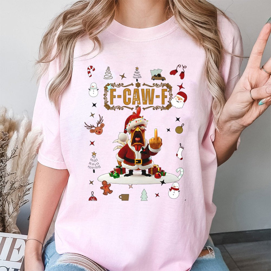 F-Caw-F Christmas T-Shirt | Santa Chicken Graphic Middle Finger | 100% Cotton Premium Tee | Funny Holiday Gift for Men and Women