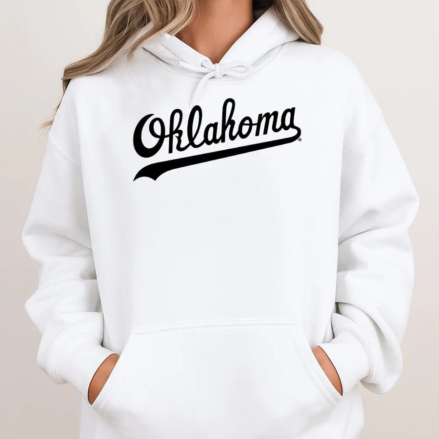 Oklahoma Script Hoodie | Retro Baseball Lettering | Premium Cotton Blend | Unisex Game Day Apparel for Football Fans and Alumni