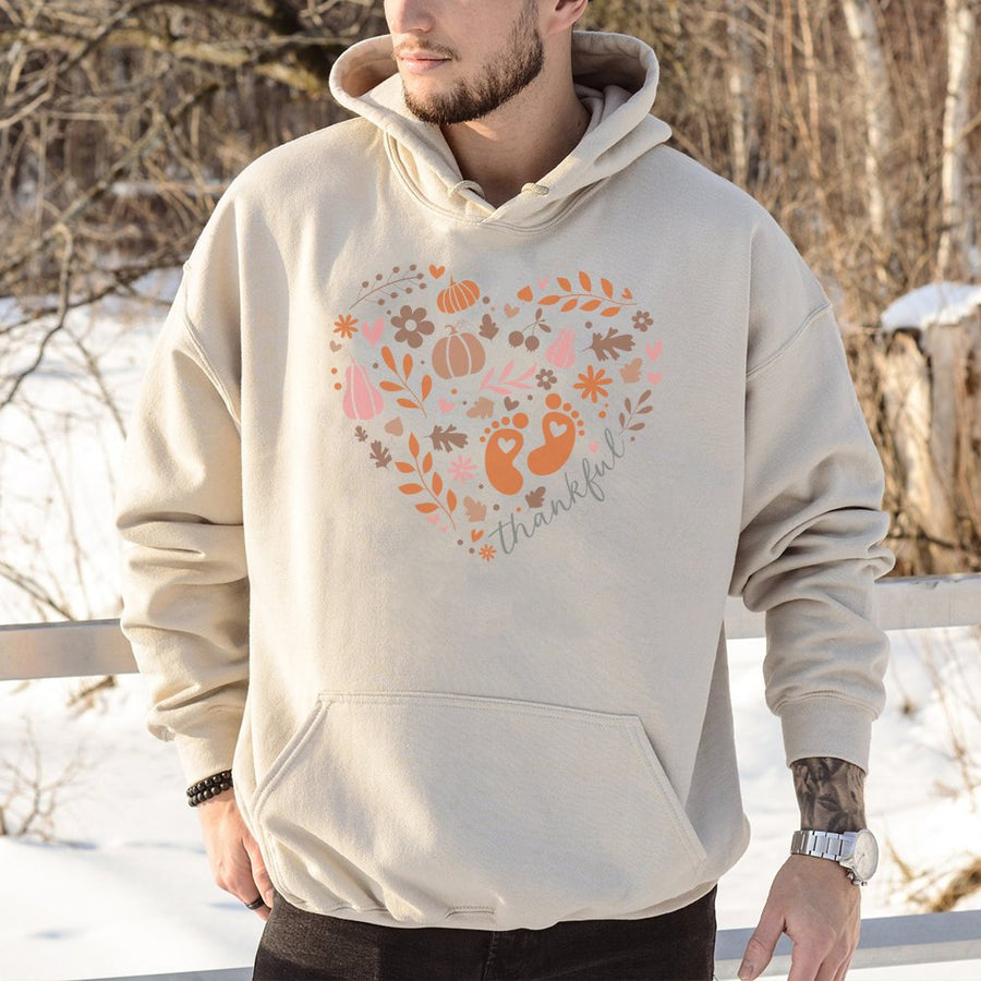 Thankful Pregnancy Announcement Hoodie | Cute Baby Feet Fall Heart Design | Premium Cotton-Blend | Thanksgiving Baby Shower Gift for Mom
