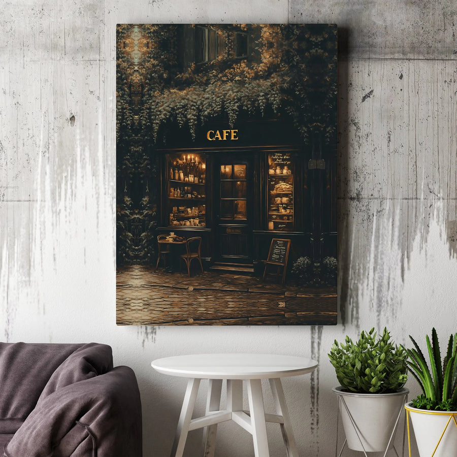 Parisian Cafe Wall Art | Moody Night Street Scene Print | Premium Gallery Wrapped Canvas | Elegant Home Office Decor Gift
